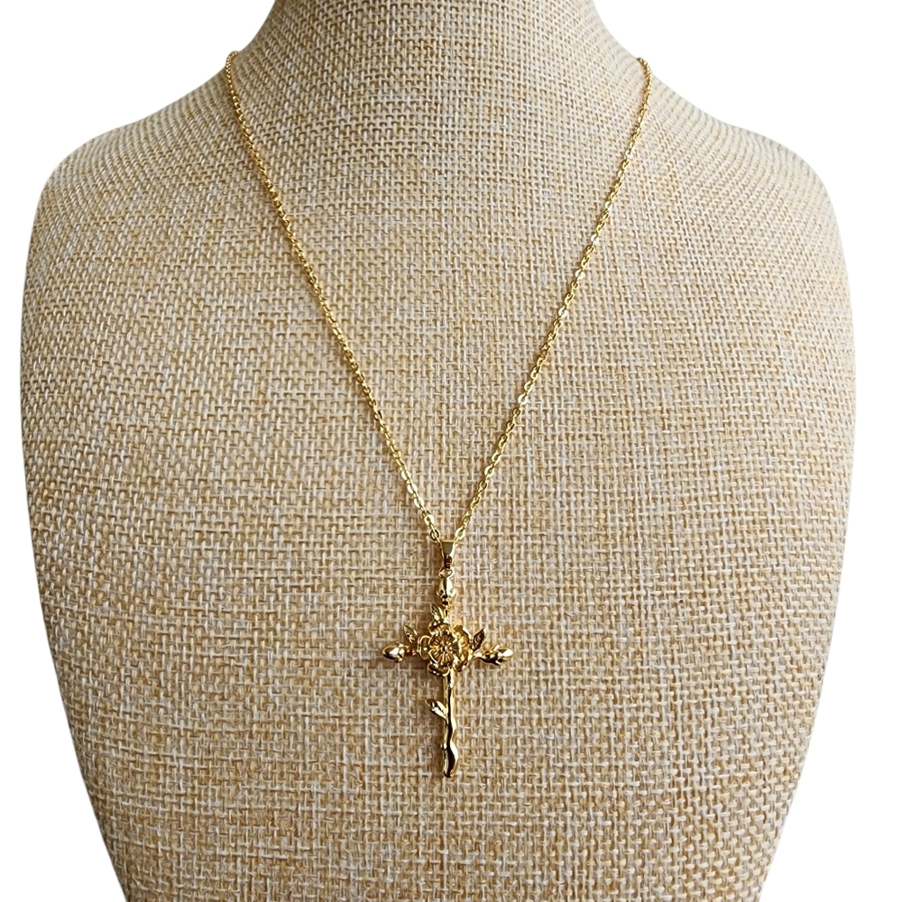 Birth Flower Cross Necklace Dainty Rose Vine Floral Cross Pendant